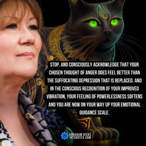 Stop, and consciously acknowledge that your chosen thought of anger does feel better than the suffocating depression that is replaced. And in the conscious recognition of your improved vibration, your feeling of powerlessness softens and you are now on your way up your Emotional Guidance Scale. #abrahamhicks